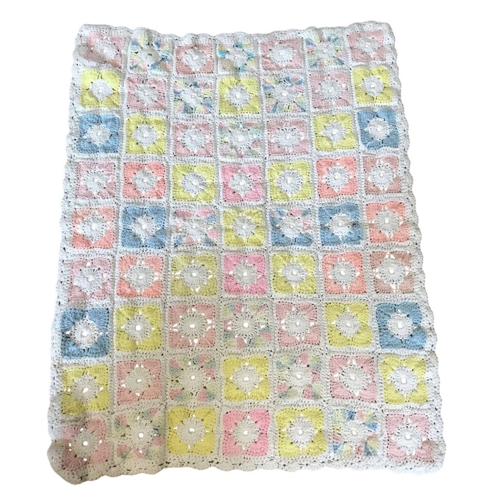 Crochet Baby Blanket Pastel Granny Squares Handmade Vintage 30x40 Inches